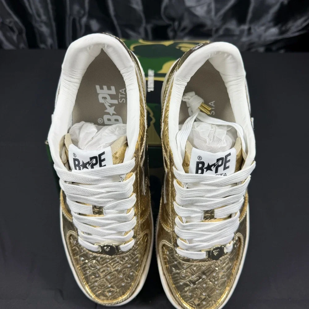 A Bathing Ape Bape Sta Gold Metallic Embossed Low Top Sneakers 1K80191305 Size 8